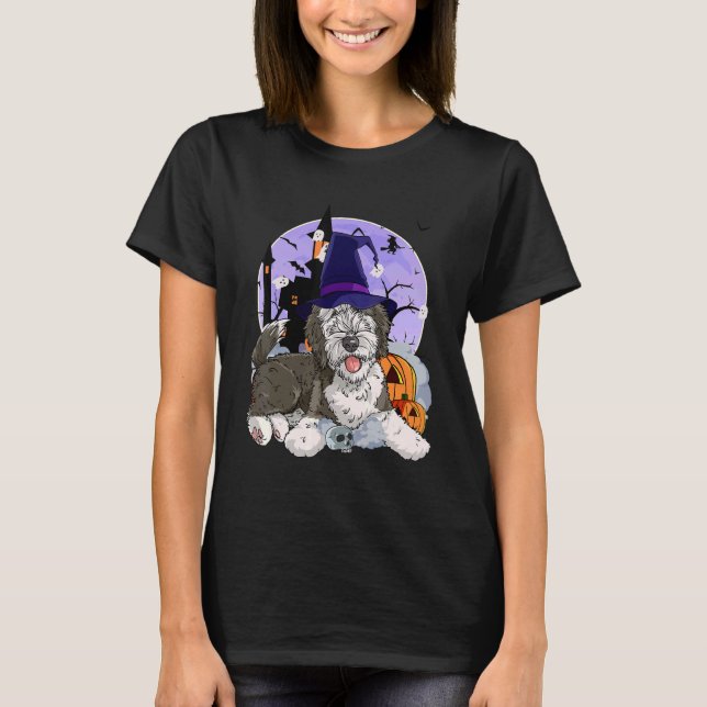 Camiseta Calabaza de brujas de Sheepadoodle Dog Halloween (Anverso)