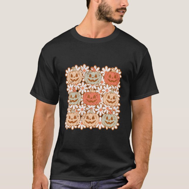 Camiseta Calabaza De Caída Retro Con Flores Cara Sonriente  (Anverso)