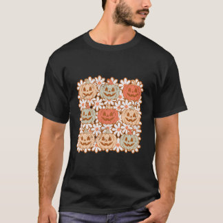 Camiseta Calabaza De Caída Retro Con Flores Cara Sonriente 