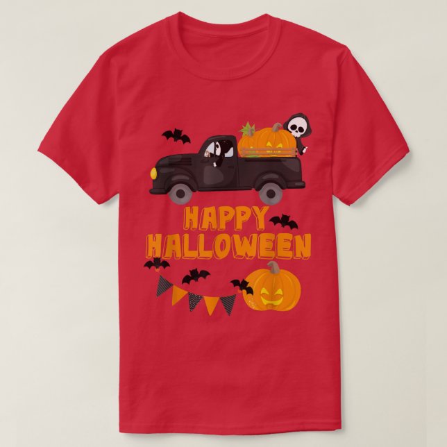Camiseta Calabaza de Camioneta de Halloween Feliz Halloween (Diseño del anverso)
