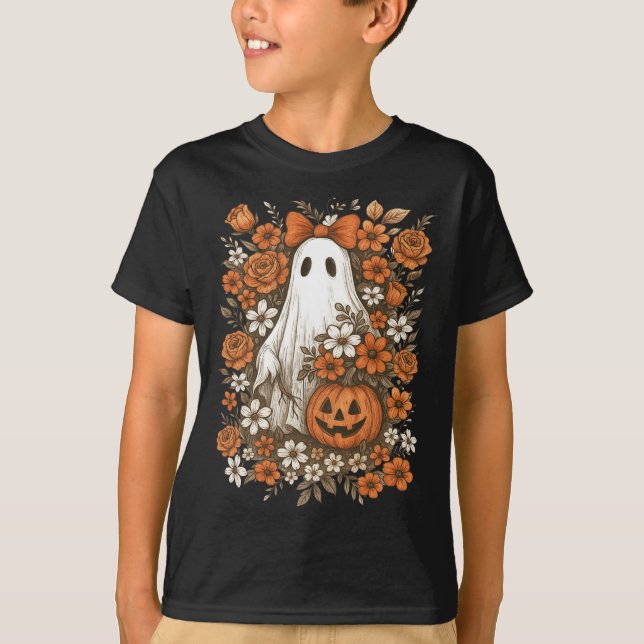 Camiseta Calabaza De Fantasma Floral Retro Calabaza Cuta Ot (Anverso)