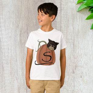 Camiseta Calabaza de gato negro Carta S Halloween