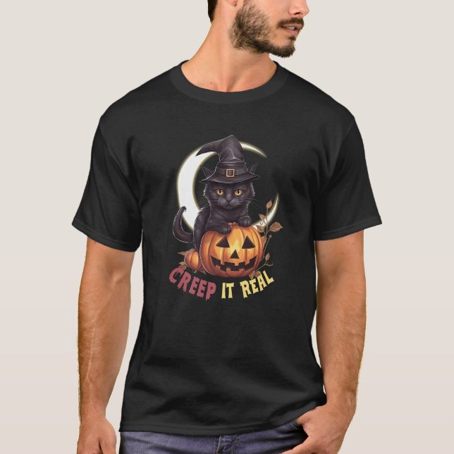 Camiseta Calabaza De Gato Negro Cuadrillo Se Sube A La Luna (Anverso)