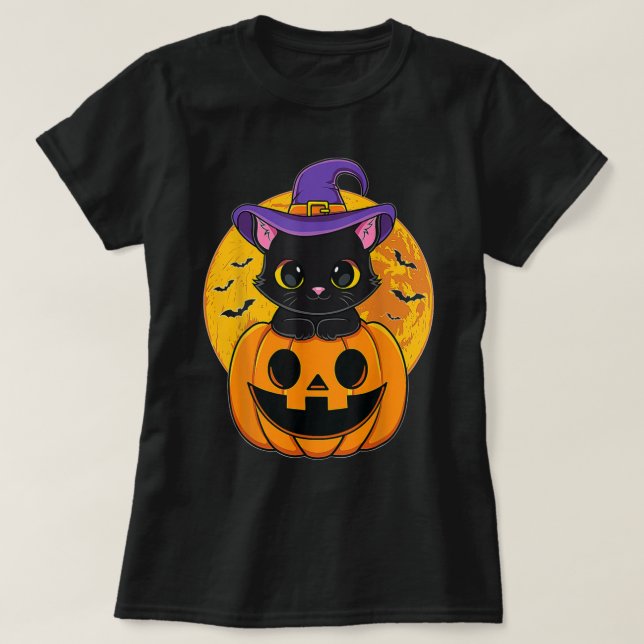 Camiseta Calabaza de Gorra de Brujas de Gato Negro de Hallo (Diseño del anverso)