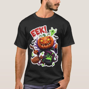 Camiseta Calabaza de Halloween espeluznante bruja con escob