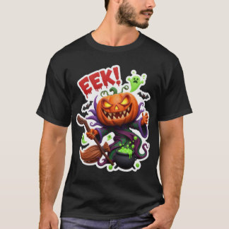 Camiseta Calabaza de Halloween espeluznante bruja con escob