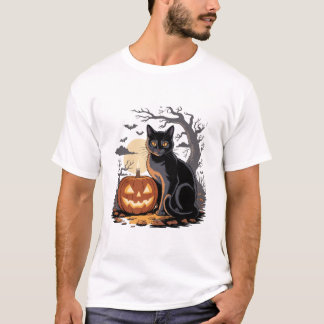 Camiseta calabaza de halloween gato negro