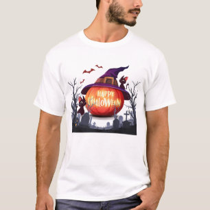 Camiseta Calabaza de Halloween, Gorra de brujas y gatos neg