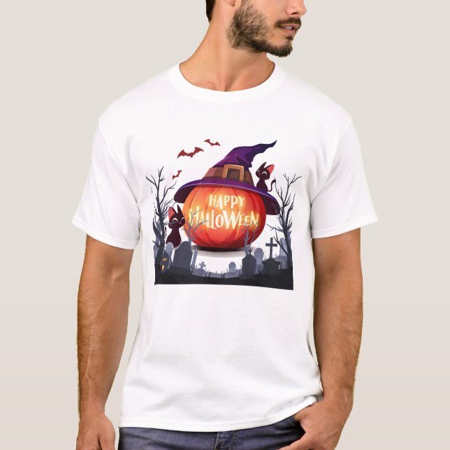 Camiseta Calabaza de Halloween, Gorra de brujas y gatos neg (Anverso)