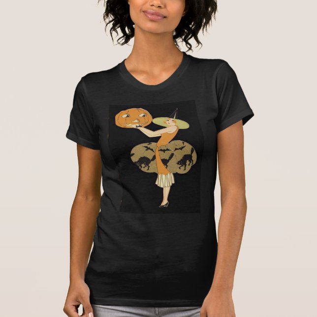 Camiseta Calabaza de Jack O Lantern Bruja Art Deco Gato Neg (Anverso)