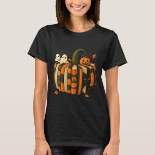 Camiseta Calabaza de libro de otoño de mujeres con gato neg