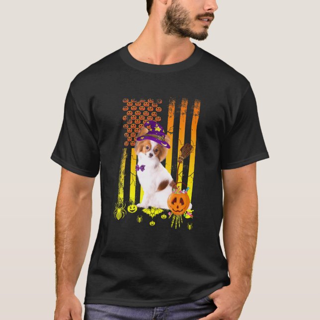 Camiseta Calabaza de perro de Papillon Perro Bandera Americ (Anverso)
