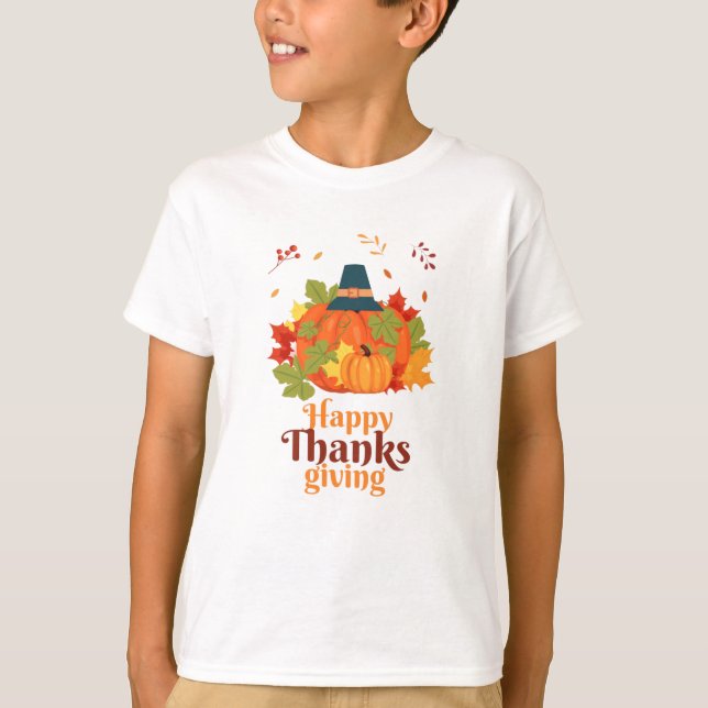 Camiseta Calabaza feliz de Acción de Gracias con Gorras y h (Anverso)