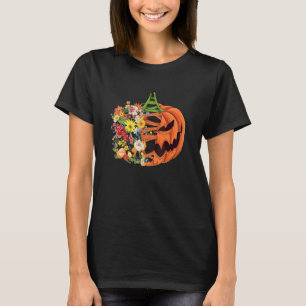 Camiseta Calabaza Floral Media Jack O Linterna Halloween Fl