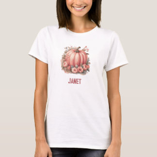 Camiseta Calabaza floral rosa y hojas de otoño