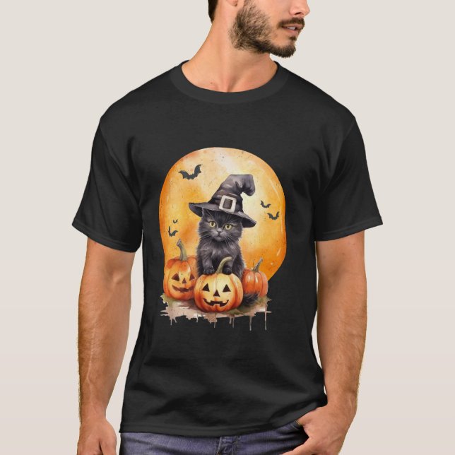 Camiseta Calabaza Gorra De Brujas De Gato Negro Para Mujere (Anverso)