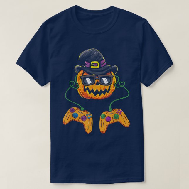 Camiseta Calabaza Halloween Jack O Lantern Gamer con Gorra  (Diseño del anverso)