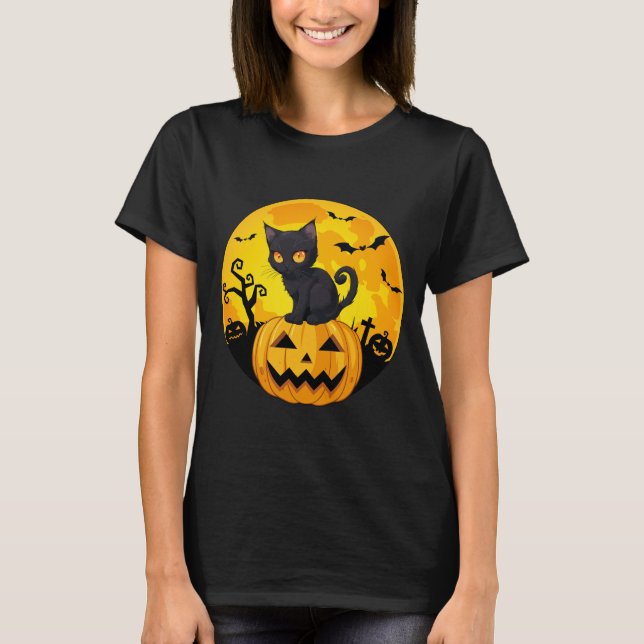 Camiseta Calabaza Halloween para gato negro (Anverso)