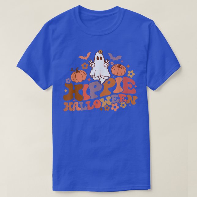 Camiseta Calabaza Hippie Halloween Fantasma Floral Retro (Diseño del anverso)