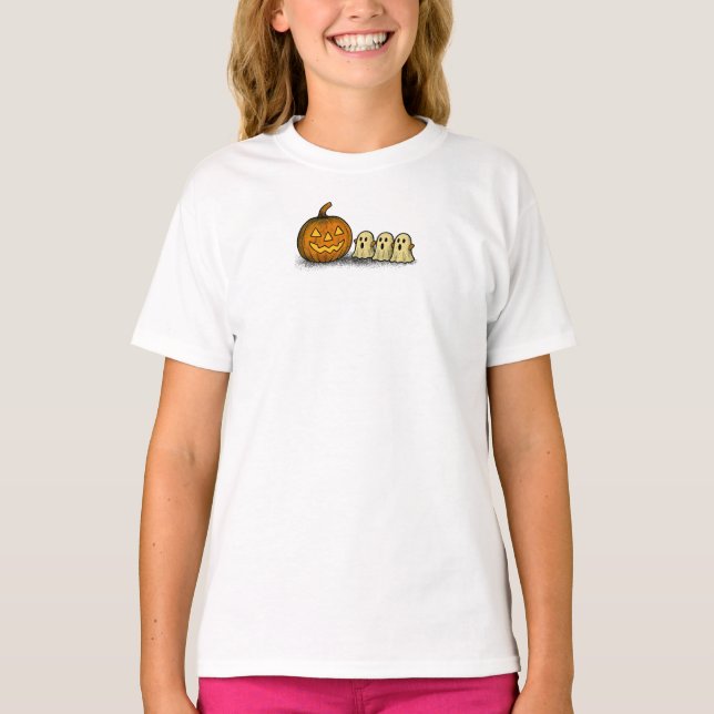 Camiseta Calabaza juguetona con tres fantasmas fantasmales (Anverso)