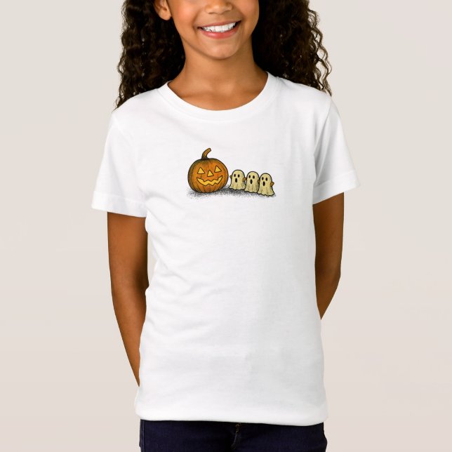 Camiseta Calabaza juguetona con tres fantasmas fantasmales (Anverso)