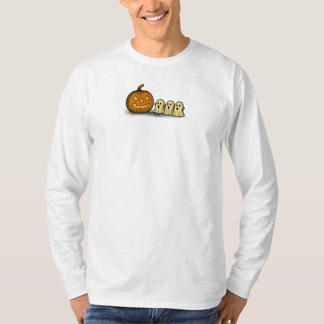 Camiseta Calabaza juguetona con tres fantasmas fantasmales (Anverso)
