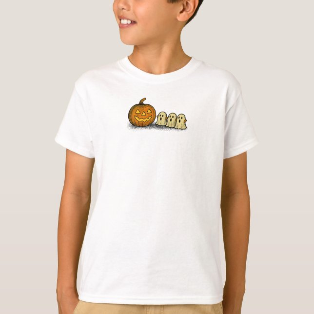 Camiseta Calabaza juguetona con tres fantasmas fantasmales (Anverso)