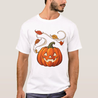 Camiseta Calabaza Linterna y Hojas Enrolladas