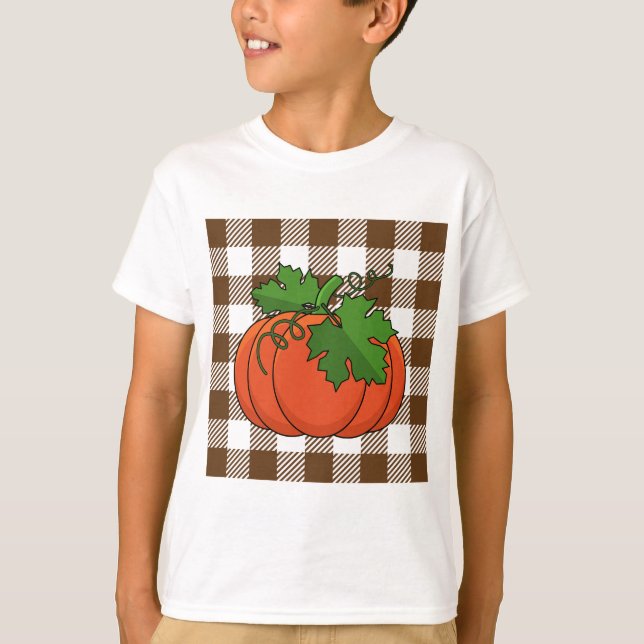 Camiseta Calabaza naranja sobre el patrón de cuadros de col (Anverso)