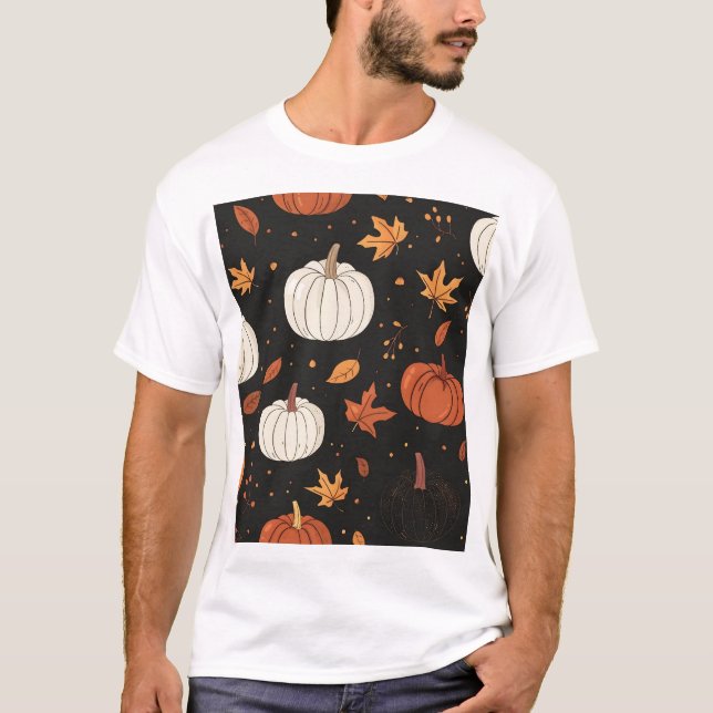 Camiseta Calabaza negra y patrón de hojas en mosaico (Anverso)
