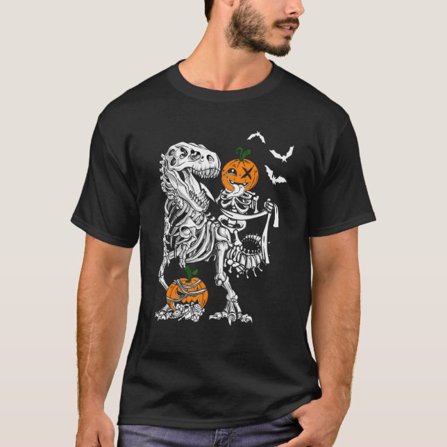 Camiseta Calabaza Skeleton Riding Art Dinosaur T Rex Hallow (Anverso)