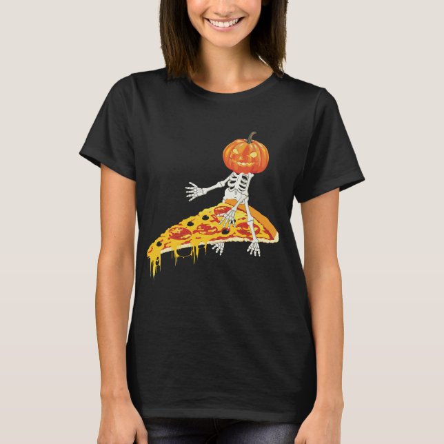 Camiseta Calabaza Skeleton Riendo Pizza Halloween (Anverso)