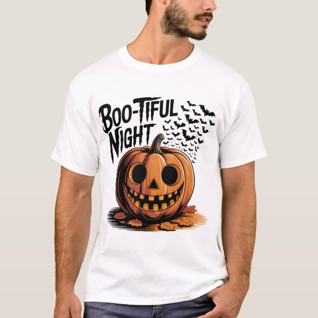 Camiseta Calabaza sonriente con diseño de hojas caídas (Anverso)