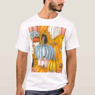 Camiseta Calabazas brillantes, girasoles, patrón dibujado a