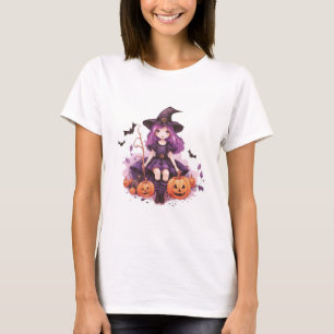 Camiseta Calabazas de Bruja con Cabello Púrpura y Murciélag