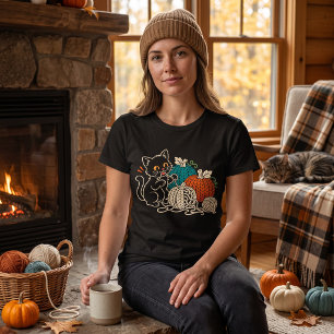 Camiseta Calabazas de ganchillo de gato negro Halloween lin
