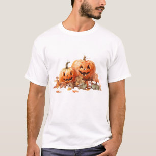 Camiseta Calabazas de Halloween con Hojas de Otoño en Acuar