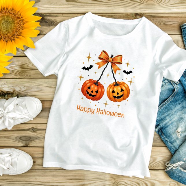 Camiseta Calabazas de Halloween Coquette Naranja estética B (Halloween Pumpkins, Orange Bow Coquette Aesthetic T-shirt for her)