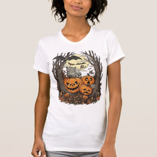 Camiseta Calabazas de Halloween Gato Gris Murciélago Luna L