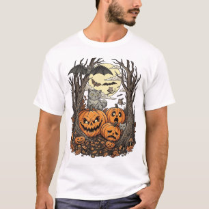 Camiseta Calabazas de Halloween Gato Gris Murciélago Luna L