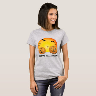 Camiseta Calabazas Murciélagos Luna Naranja Feliz Halloween
