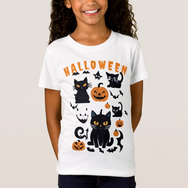 Camiseta Calabazas retro de Halloween, gatos voladores, gat (Anverso)