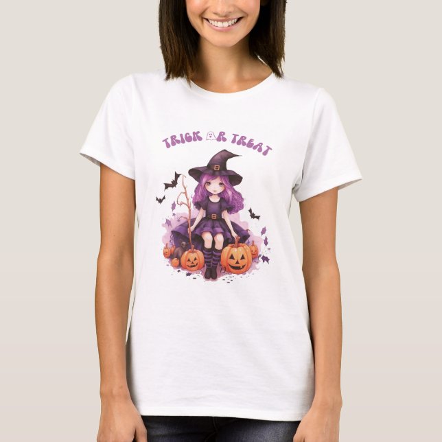 Camiseta Calabazas y murciélagos de bruja morada de truco o (Anverso)