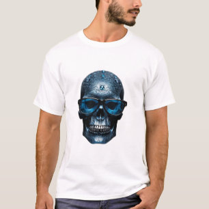 Camiseta Calavera 3D azul plateado metálico con gafas de so