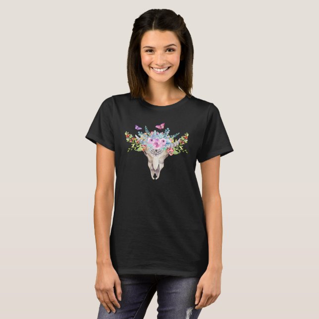 Camiseta Calavera animal Boho con mariposas y flores (Anverso completo)