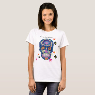 Camiseta Calavera Azucarada de Estilo Tatuaje Azul Rosa y N