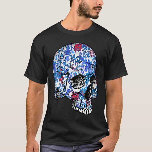 Camiseta Calavera azucarera de flores azules con patas flor (Anverso)