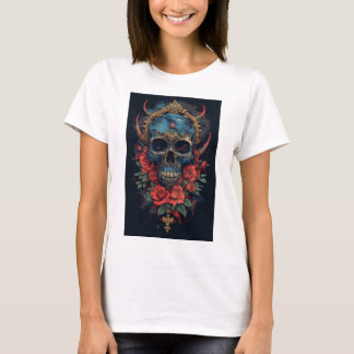 Camiseta Calavera azul con corona dorada y rosas rojas
