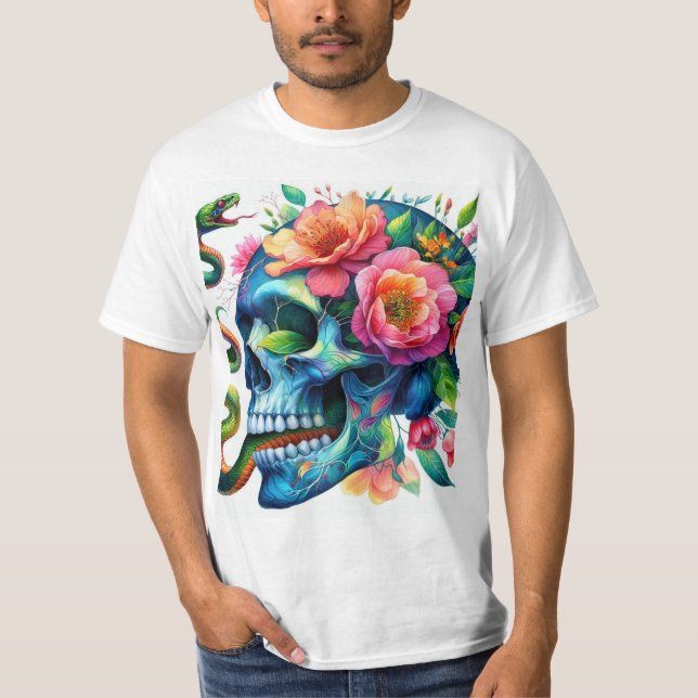 Camiseta Calavera azul con flores y serpiente, acuarela (Anverso)