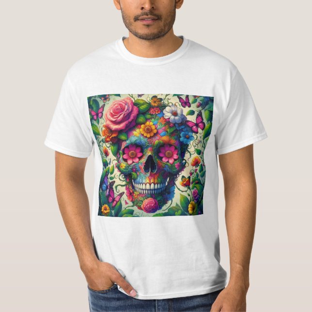 Camiseta Calavera Azul Floral: Estilo Vibrante (Anverso)